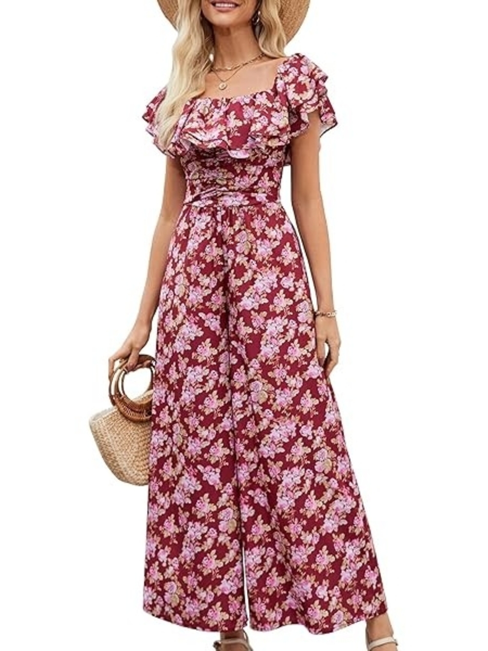 Gardenwed Burgundy Floral Wide-Leg Ruffle Short Sleeve Square Neck Jumpsuit